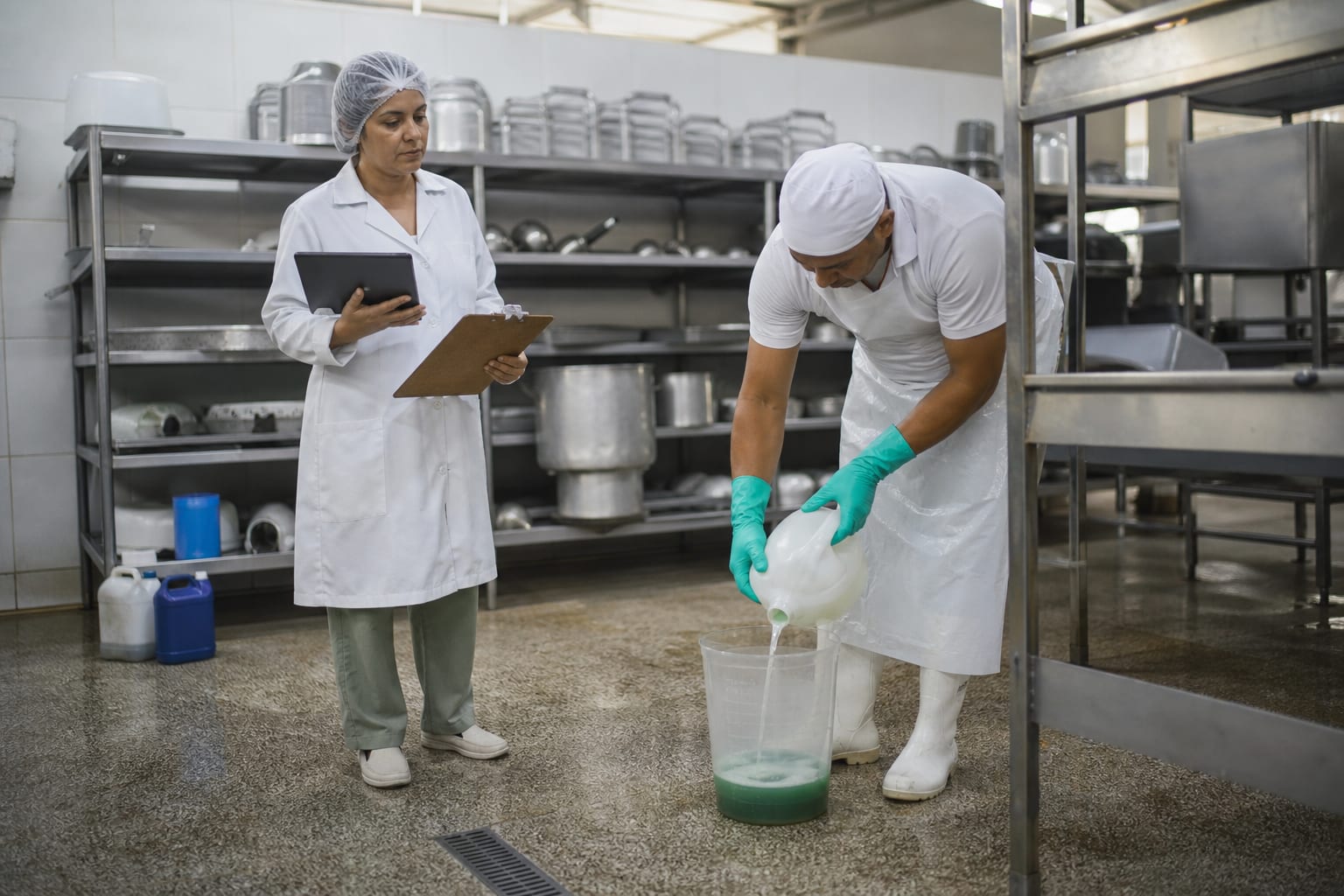 Nutricionista com prancheta acompanha auxiliar diluindo produto de higienização em balde graduado na área de limpeza de uma cozinha industrial