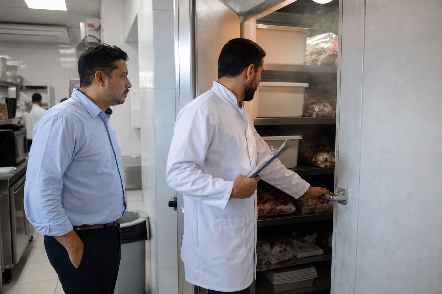 Profissional de jaleco com prancheta abre a porta de uma câmara fria enquanto o dono do restaurante acompanha a inspeção