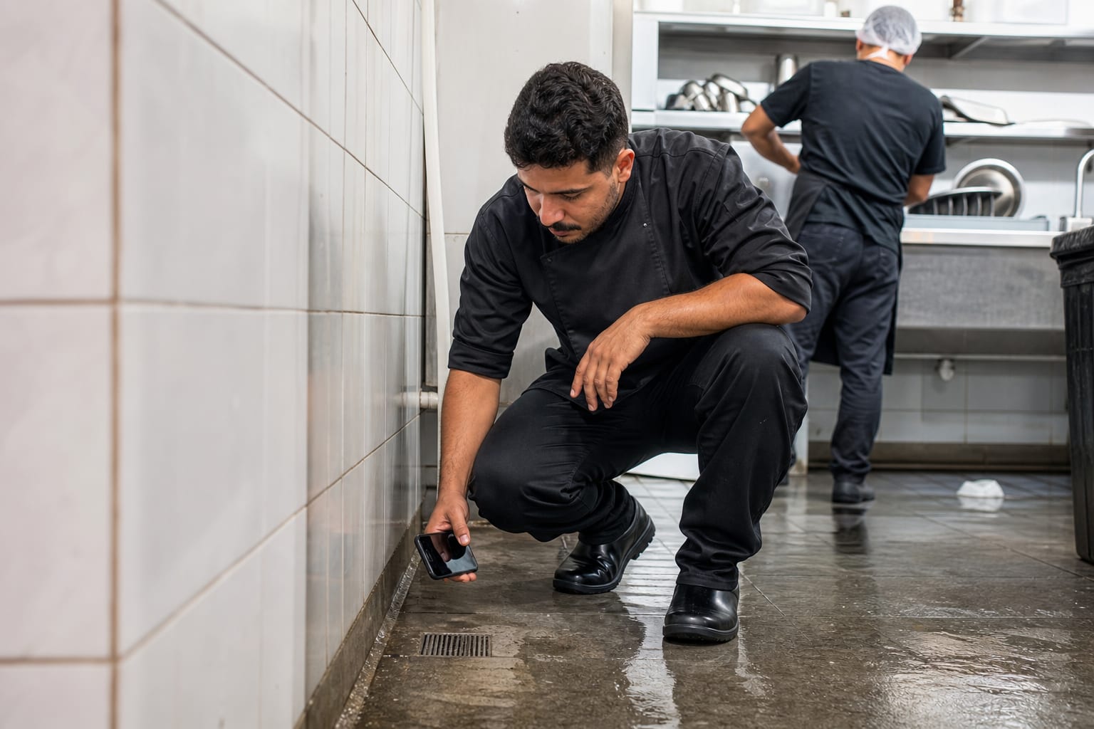 Gerente de cozinha agachado confere o ralo da área de lavagem com o celular na mão para registrar o item