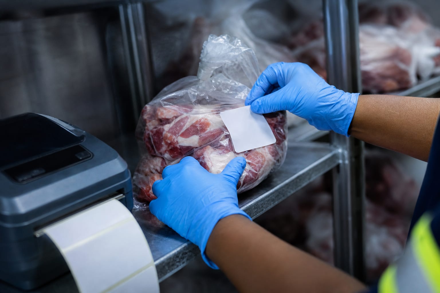 Mãos com luva azul colam etiqueta adesiva em saco de carne porcionada dentro da câmara fria, ao lado de uma impressora térmica