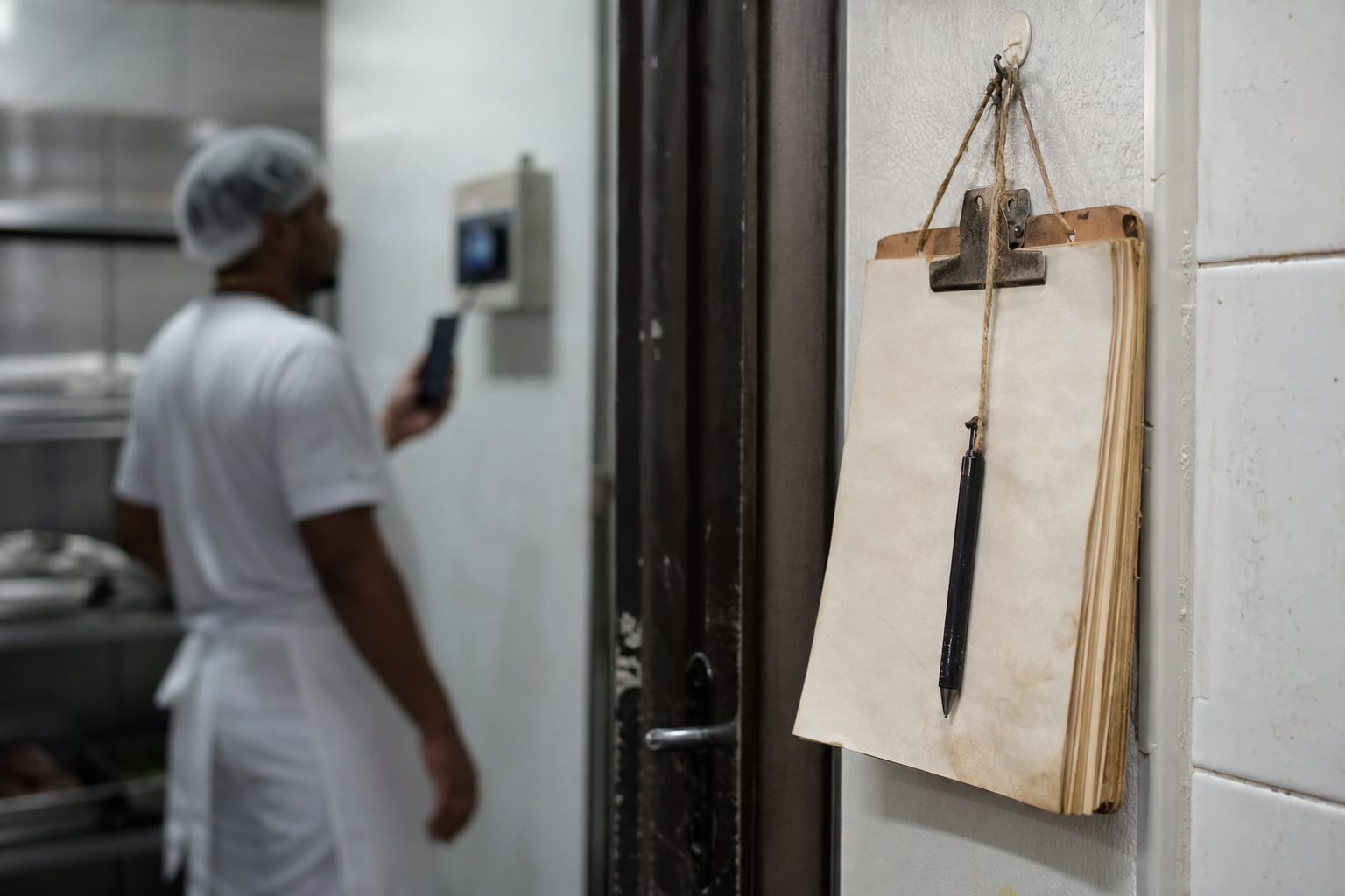 Prancheta com folhas de controle pendurada ao lado da porta da câmara fria e cozinheiro ao fundo usando o celular perto do visor de temperatura