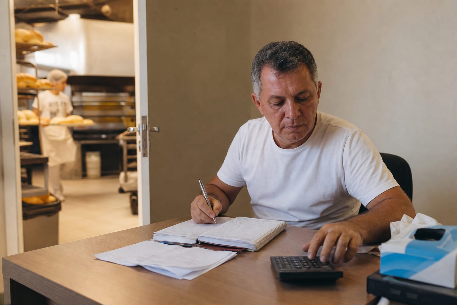 Dono de padaria faz contas com calculadora e caderno no escritório dos fundos, com a área de produção visível pela porta