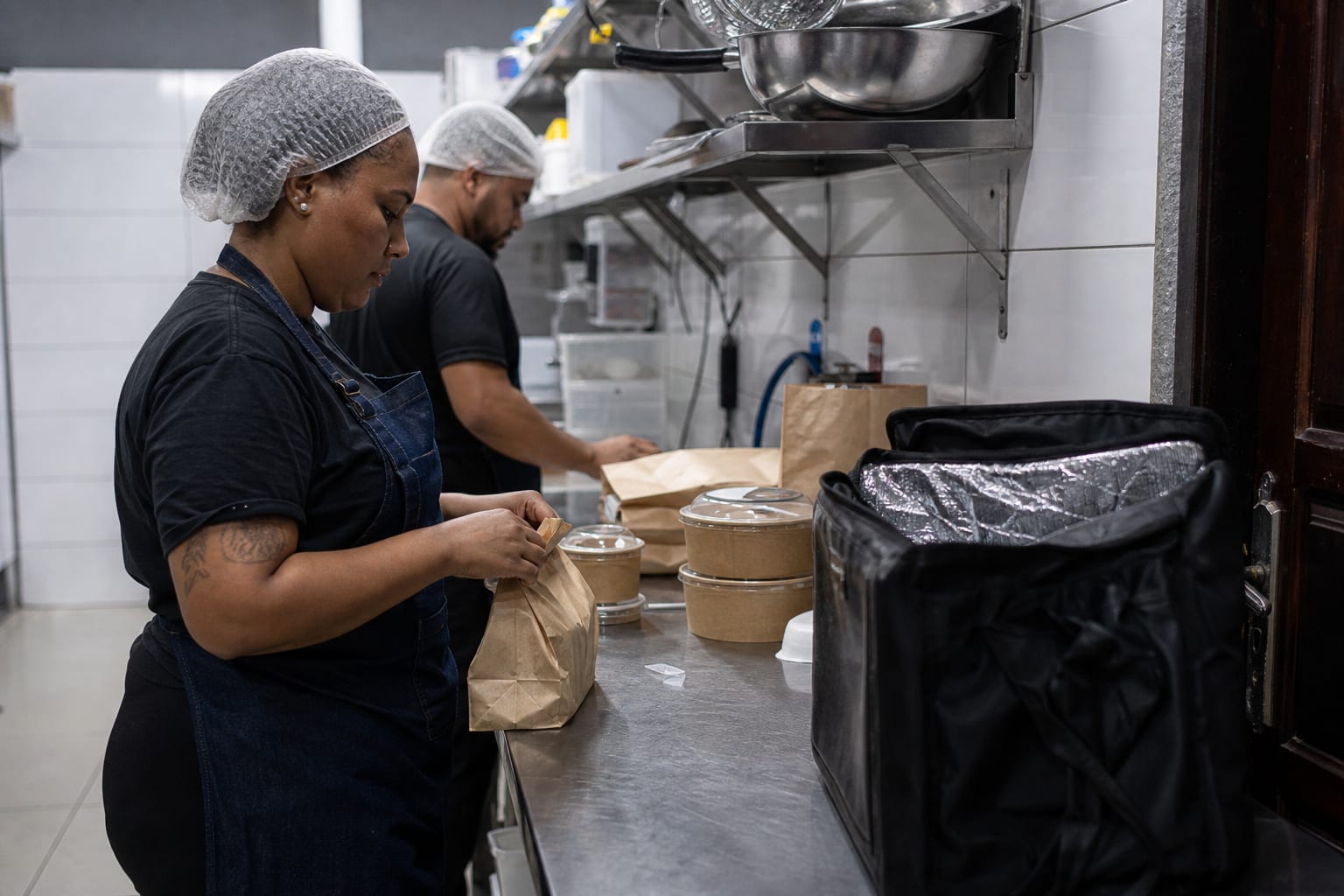 Cozinheiros fechando embalagens de delivery na bancada de expedição de uma dark kitchen, com bolsa térmica de entregador ao lado
