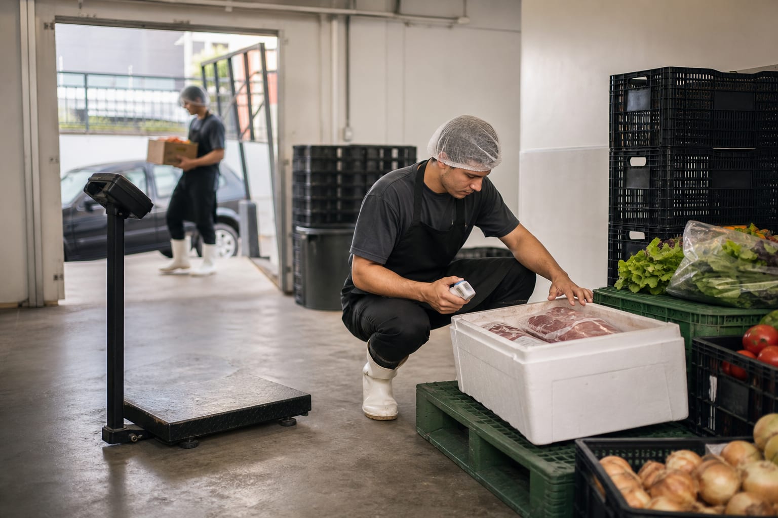 Funcionário confere caixas de hortifruti e carne resfriada na área de recebimento, com balança de plataforma e termômetro infravermelho