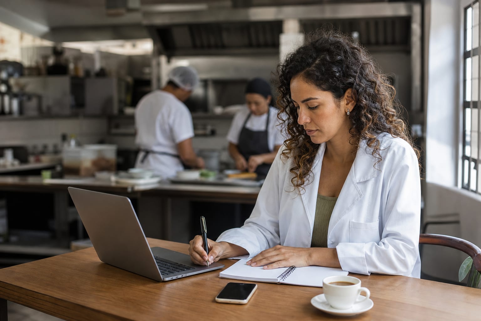 Nutricionista responsável técnica avalia opções no notebook em uma mesa dentro do restaurante, com a cozinha ao fundo